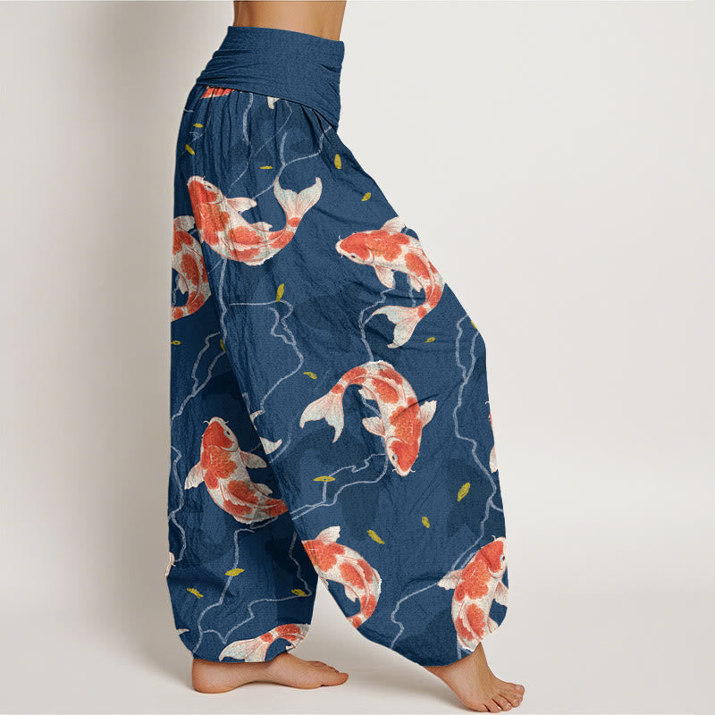 Pantalon sarouel à taille élastique pour femme, motif poisson koï rouge et blanc, Buddha Stones - image 3