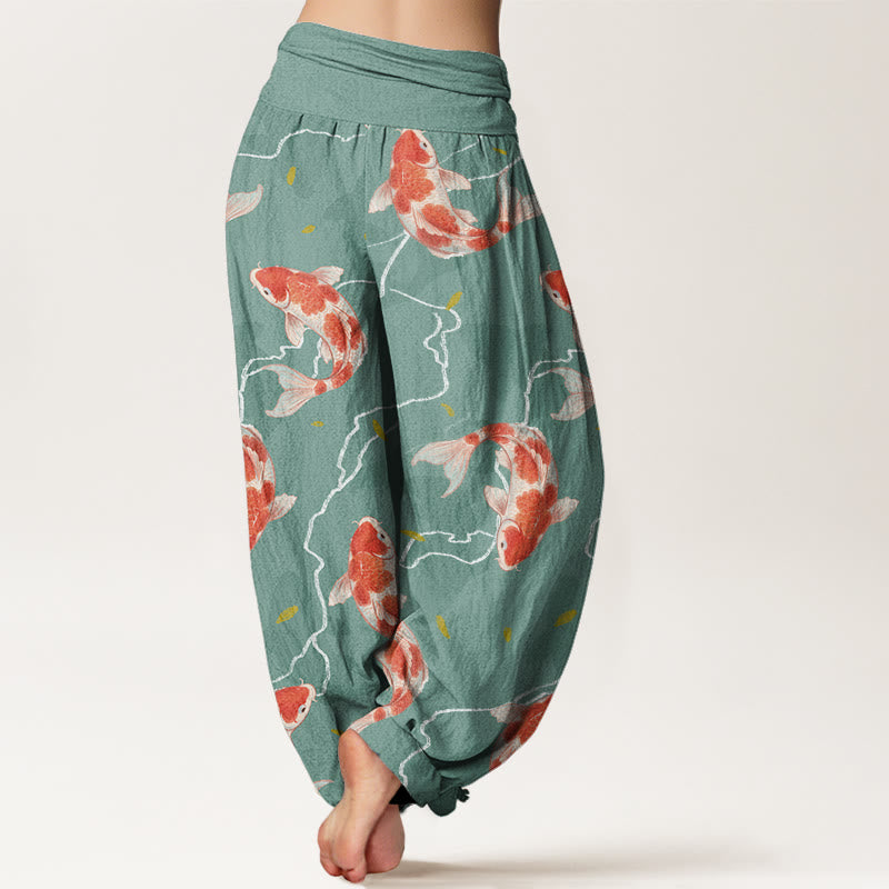 Pantalon harem à taille élastique pour femme, en coton rouge et blanc à motif de carpes koï et Buddha Stones - image 5