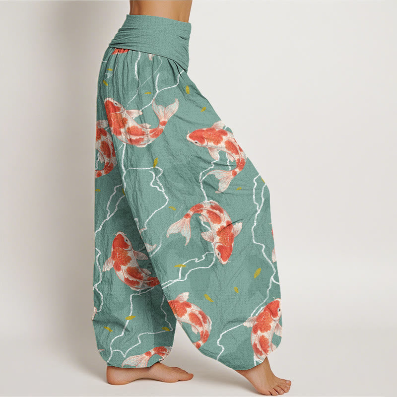 Pantalon sarouel à taille élastique pour femme, motif poisson koï rouge et blanc, Buddha Stones - image 7
