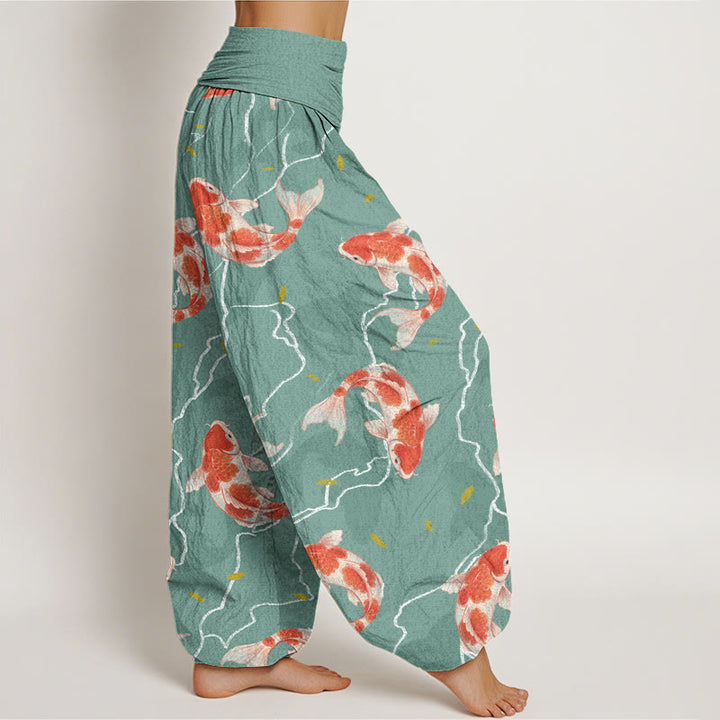 Pantalon sarouel à taille élastique pour femme, motif poisson koï rouge et blanc, Buddha Stones - image 7