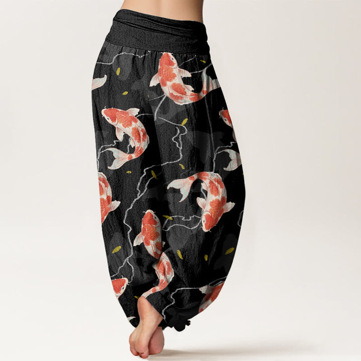 Pantalon sarouel à taille élastique pour femme, motif poisson koï rouge et blanc, Buddha Stones - image 9