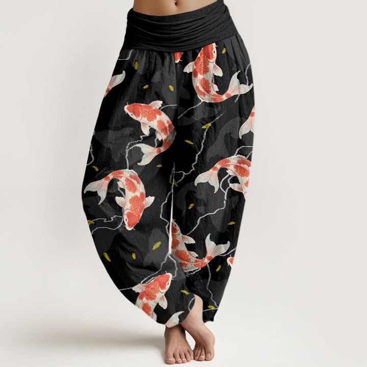 Pantalon harem à taille élastique pour femme, en coton rouge et blanc à motif de carpes koï et Buddha Stones - Noir - US22，UK/AU26，EU54 (6XL) - image 7