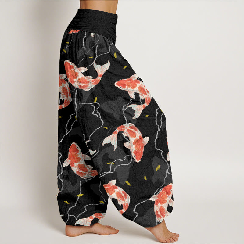 Pantalon harem à taille élastique pour femme, en coton rouge et blanc à motif de carpes koï et Buddha Stones - image 9