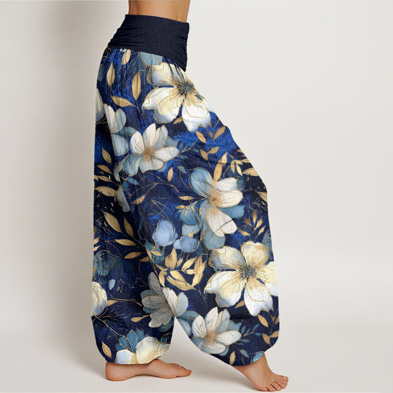 Pantalon sarouel à taille élastique pour femme, motif fleurs blanches crémeuses, Buddha Stones - image 3