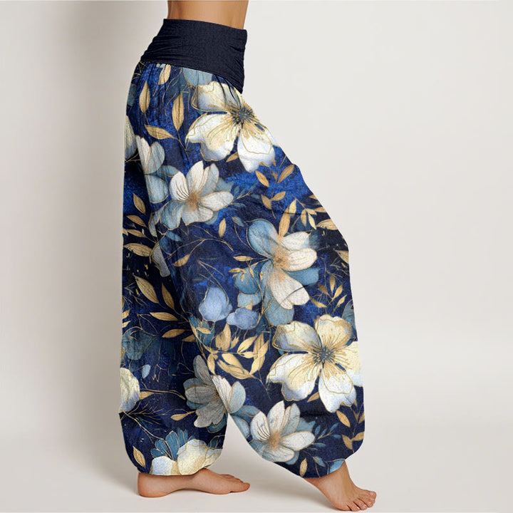 Pantalon sarouel à taille élastique pour femme, motif fleurs blanches crémeuses, Buddha Stones - image 3