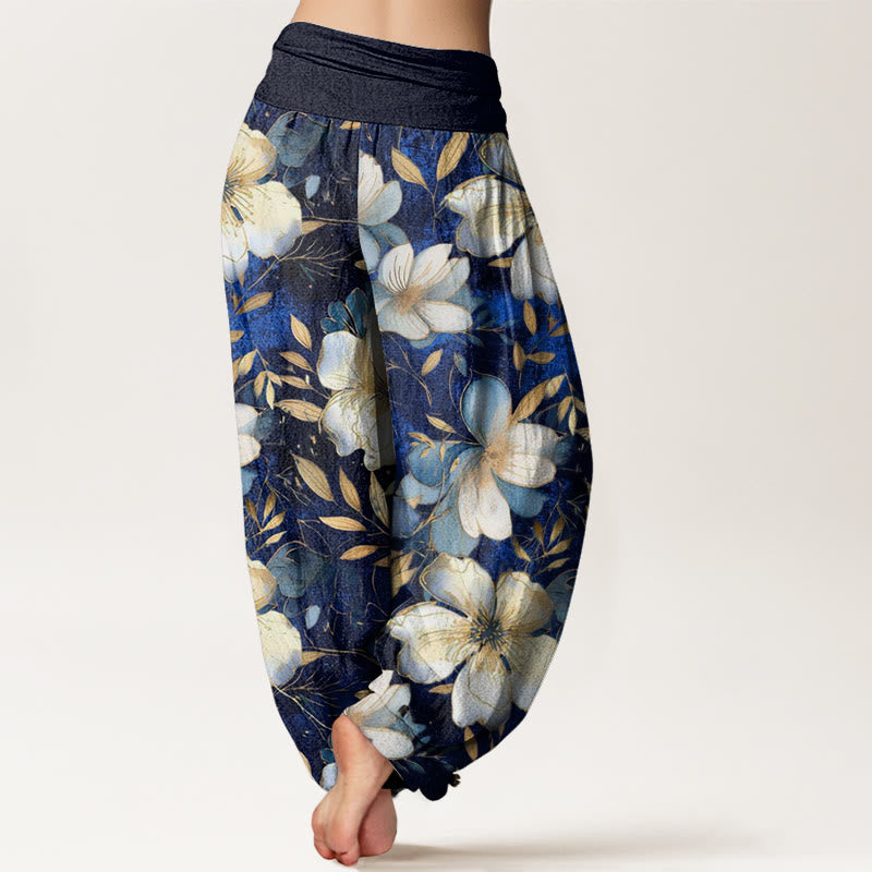 Pantalon sarouel à taille élastique pour femme, motif fleurs blanches crémeuses, Buddha Stones - image 2