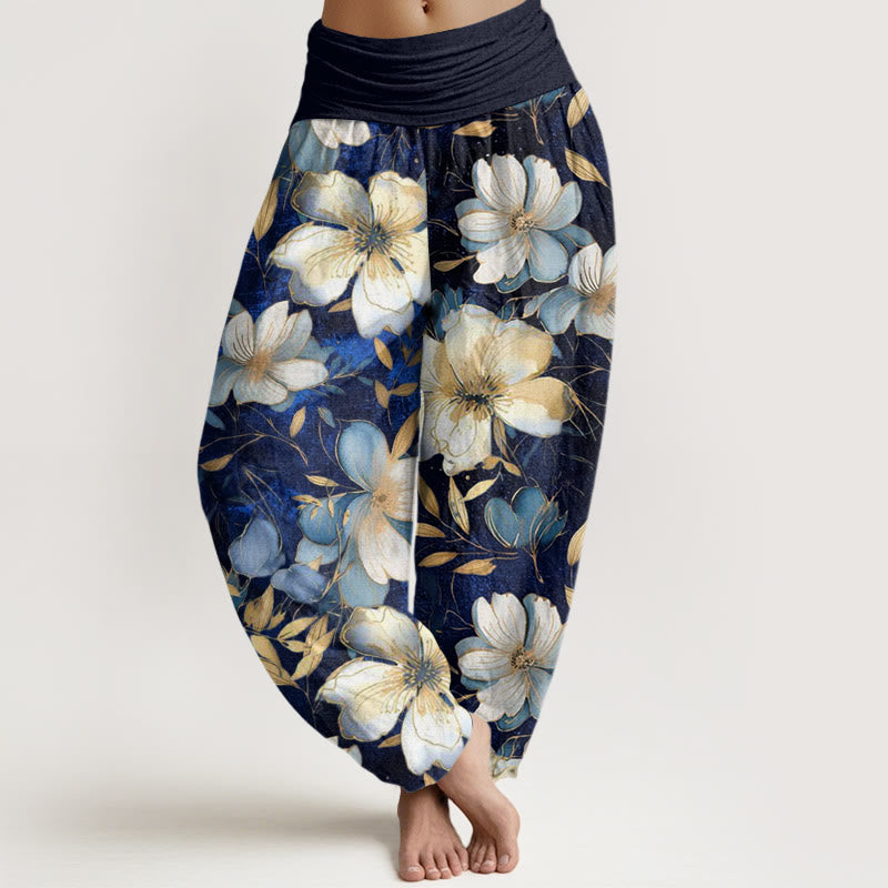 Pantalon sarouel à taille élastique pour femme, motif fleurs blanches crémeuses, Buddha Stones - Bleu ardoise moyen - US22，UK/AU26，EU54 (6XL) - image 1