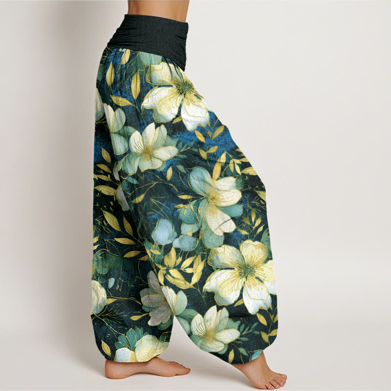 Pantalon sarouel à taille élastique pour femme, motif fleurs blanches crémeuses, Buddha Stones - image 10