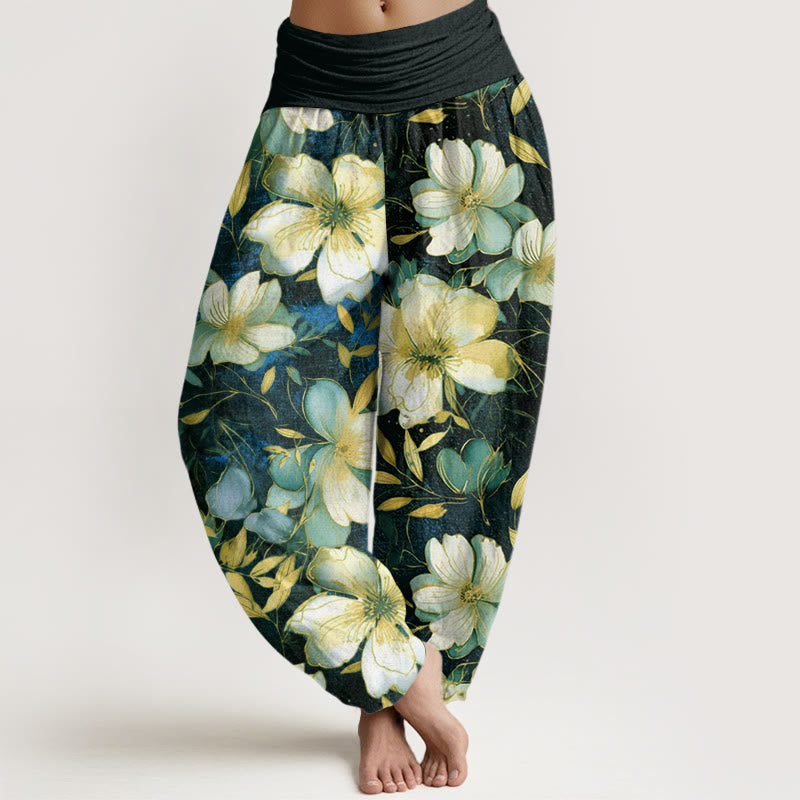 Pantalon sarouel à taille élastique pour femme, motif fleurs blanches crémeuses, Buddha Stones - Noir - US22，UK/AU26，EU54 (6XL) - image 8