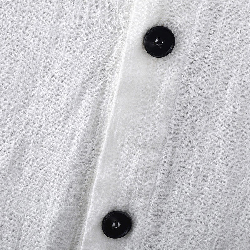 Buddha Stones d'été décontractée en coton et lin à manches courtes et poches pour homme, couleur unie, avec boutons et col montant