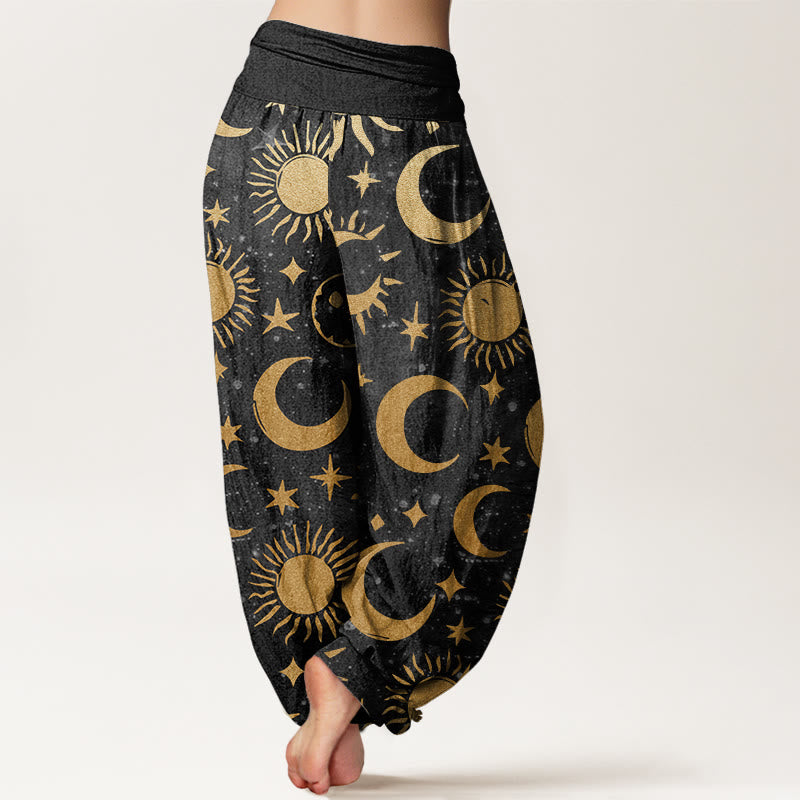 Pantalon harem à taille élastique pour femme, en coton avec motif croissant de lune, soleil et étoiles, orné de Buddha Stones. - image 1