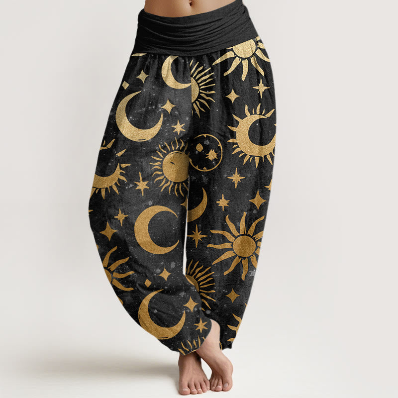 Pantalon harem à taille élastique pour femme, en coton avec motif croissant de lune, soleil et étoiles, orné de Buddha Stones. - Noir - US22，UK/AU26，EU54 (6XL) - image 0