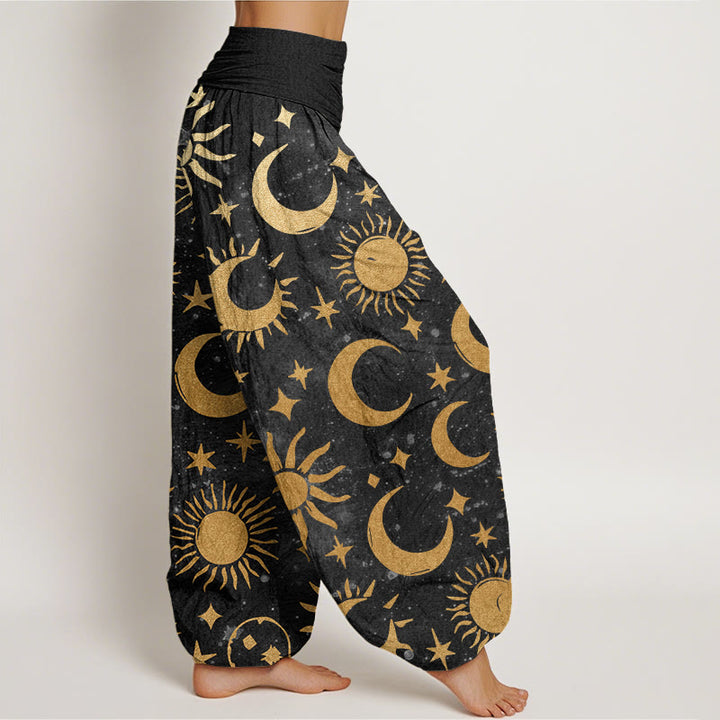 Pantalon harem à taille élastique pour femme, en coton avec motif croissant de lune, soleil et étoiles, orné de Buddha Stones. - image 2