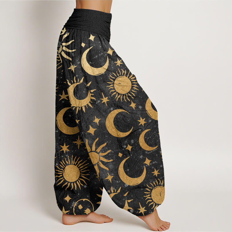 Pantalon sarouel à taille élastique pour femme, Buddha Stones, croissant de lune, soleil et étoiles - image 3