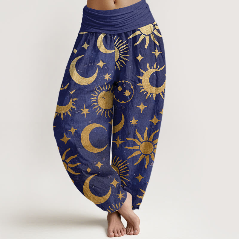 Pantalon sarouel à taille élastique pour femme, Buddha Stones, croissant de lune, soleil et étoiles - Bleu ardoise - US22，UK/AU26，EU54 (6XL) - image 4