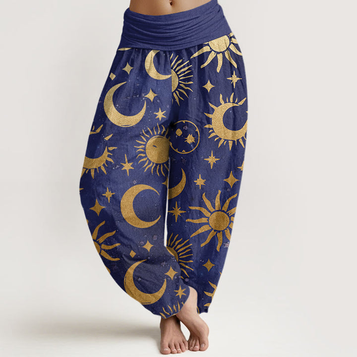Pantalon harem à taille élastique pour femme, en coton avec motif croissant de lune, soleil et étoiles, orné de Buddha Stones. - Bleu ardoise - US22，UK/AU26，EU54 (6XL) - image 4
