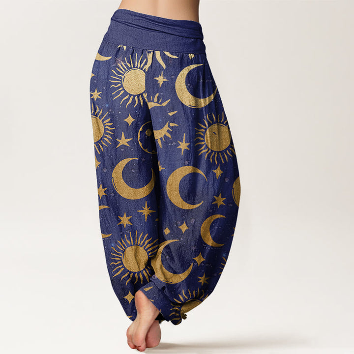 Pantalon harem à taille élastique pour femme, en coton avec motif croissant de lune, soleil et étoiles, orné de Buddha Stones. - image 5