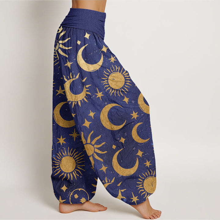 Pantalon harem à taille élastique pour femme, en coton avec motif croissant de lune, soleil et étoiles, orné de Buddha Stones. - image 6