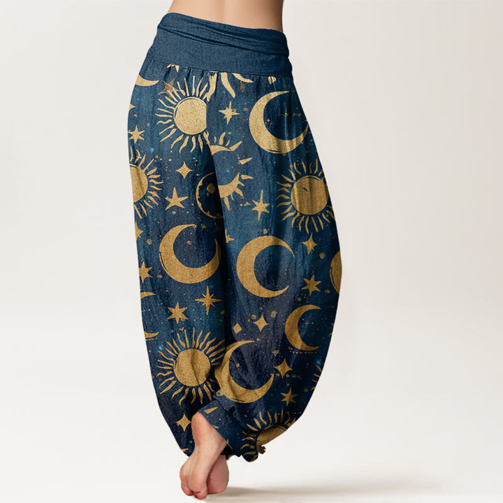 Pantalon harem à taille élastique pour femme, en coton avec motif croissant de lune, soleil et étoiles, orné de Buddha Stones. - image 8