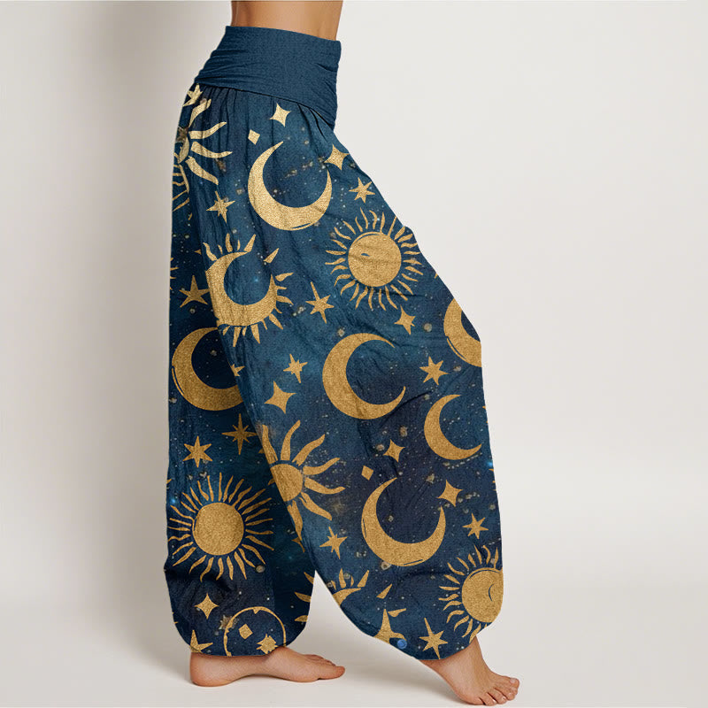 Pantalon sarouel à taille élastique pour femme, Buddha Stones, croissant de lune, soleil et étoiles - image 10