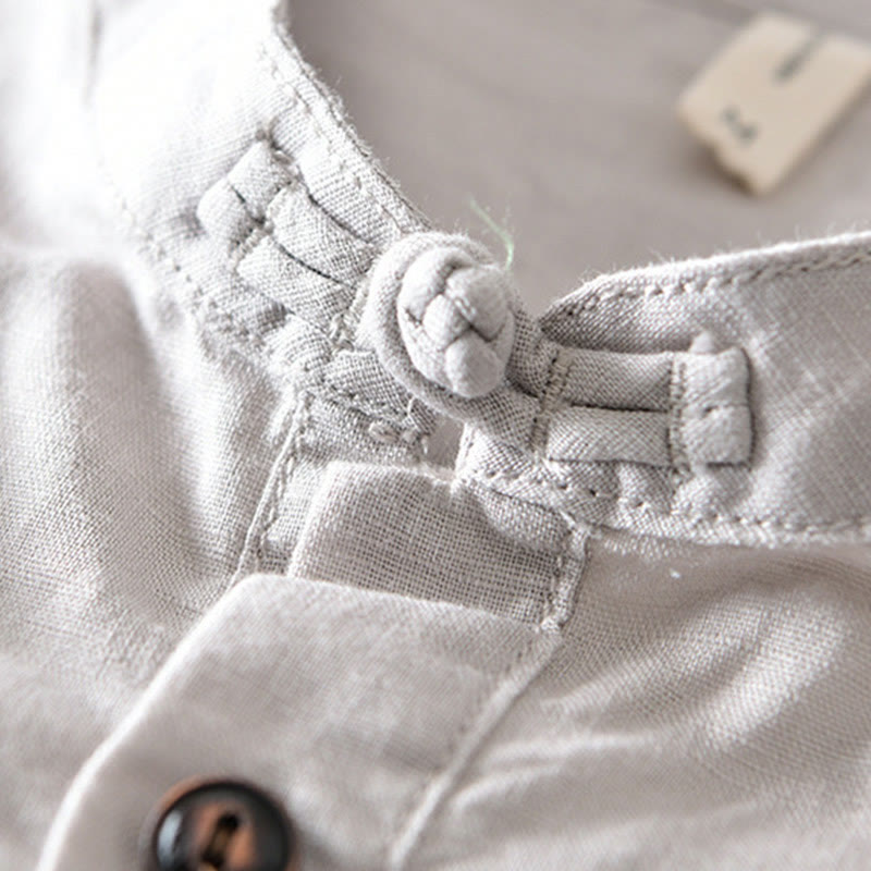 Chemise en coton et lin à manches courtes pour homme, couleur unie, Buddha Stones et demi-bouton, col montant - image 4