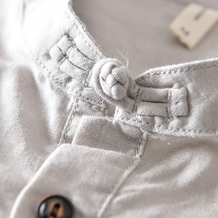 Chemise en coton et lin à manches courtes pour homme, couleur unie, Buddha Stones et demi-bouton, col montant - image 4