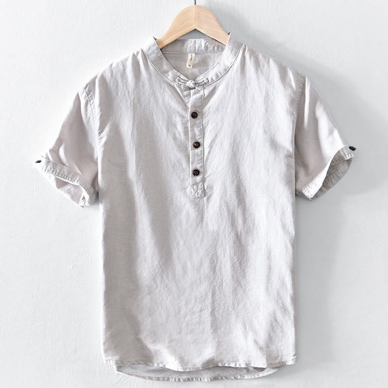 Chemise en coton et lin à manches courtes pour homme, couleur unie, Buddha Stones et demi-bouton, col montant - Lin - US/UK/AU46，EU56 (5XL) - image 0