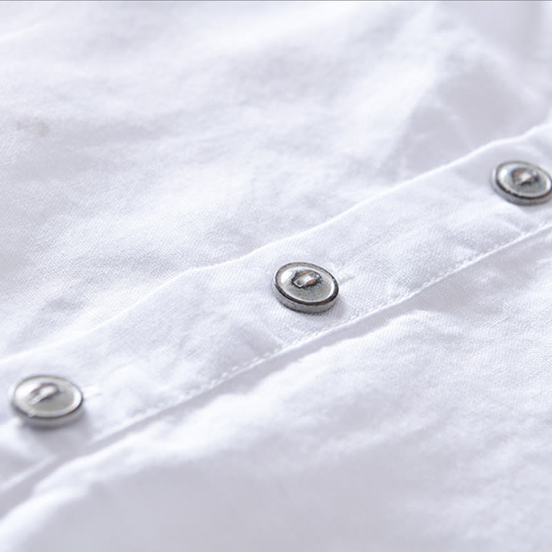 Chemise en coton et lin à manches courtes pour homme, couleur unie, Buddha Stones et demi-bouton, col montant - image 8