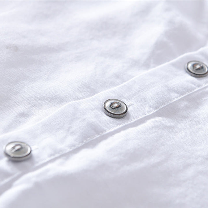 Chemise en coton et lin à manches courtes pour homme, couleur unie, Buddha Stones et demi-bouton, col montant - image 8