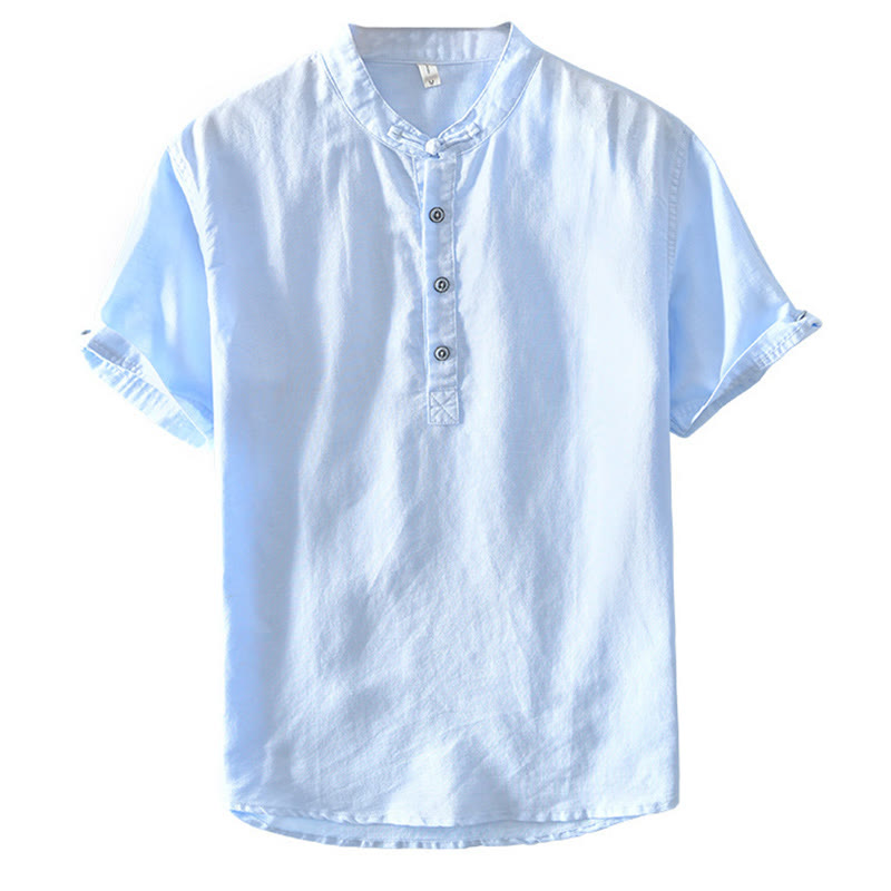 Chemise en coton et lin à manches courtes pour homme, couleur unie, Buddha Stones et demi-bouton, col montant - image 22