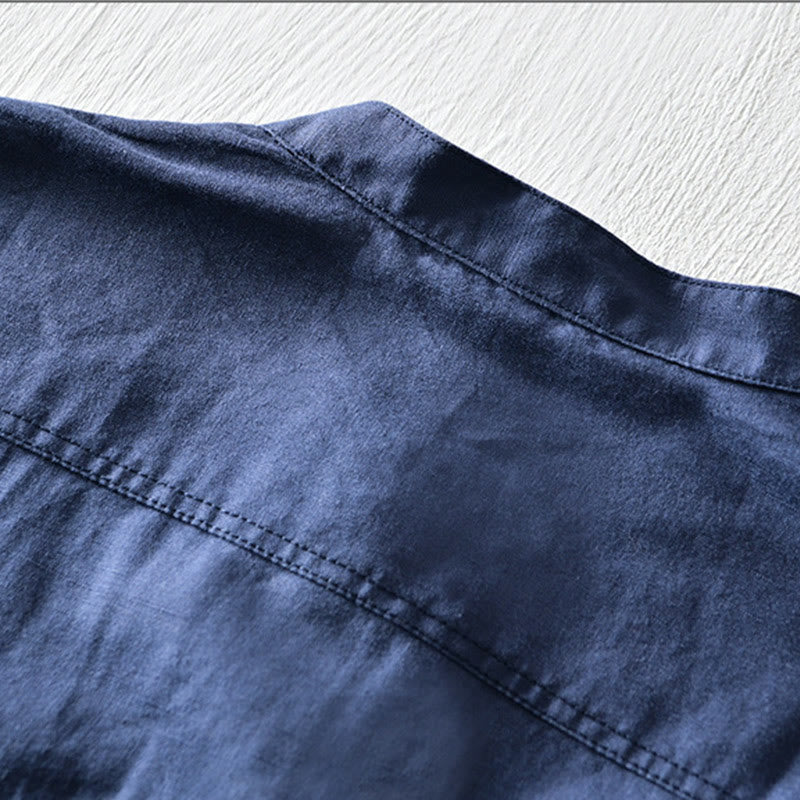 Chemise en coton et lin à manches courtes pour homme, couleur unie, Buddha Stones et demi-bouton, col montant - image 12