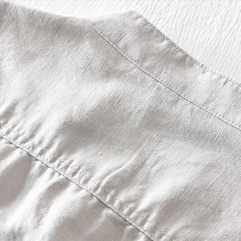 Chemise en coton et lin à manches courtes pour homme, couleur unie, Buddha Stones et demi-bouton, col montant - image 3