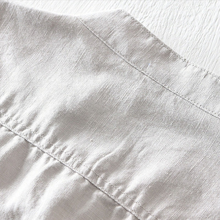 Chemise en coton et lin à manches courtes pour homme, couleur unie, Buddha Stones et demi-bouton, col montant - image 3