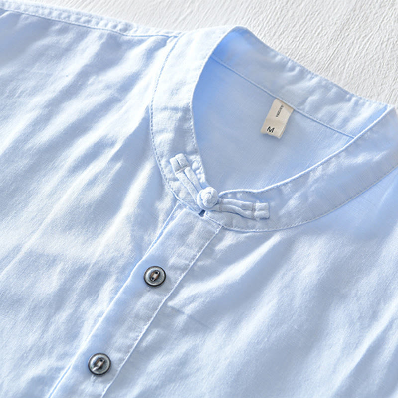 Chemise en coton et lin à manches courtes pour homme, couleur unie, Buddha Stones et demi-bouton, col montant - image 19