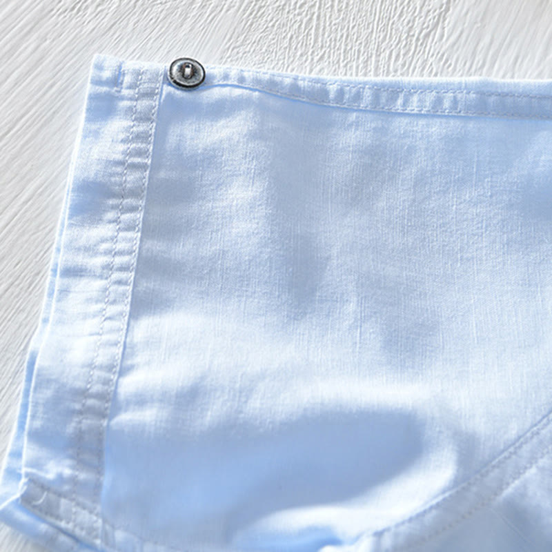 Chemise en coton et lin à manches courtes pour homme, couleur unie, Buddha Stones et demi-bouton, col montant - image 21