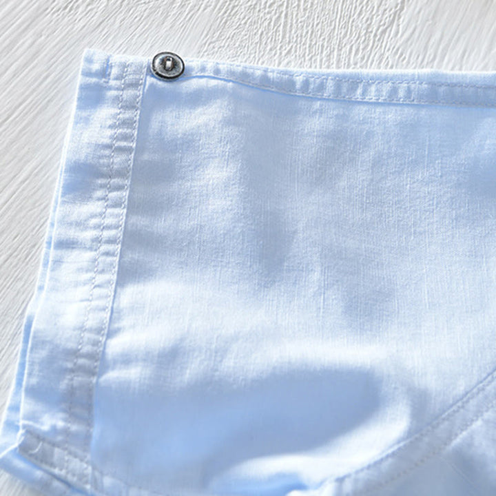 Chemise en coton et lin à manches courtes pour homme, couleur unie, Buddha Stones et demi-bouton, col montant - image 21