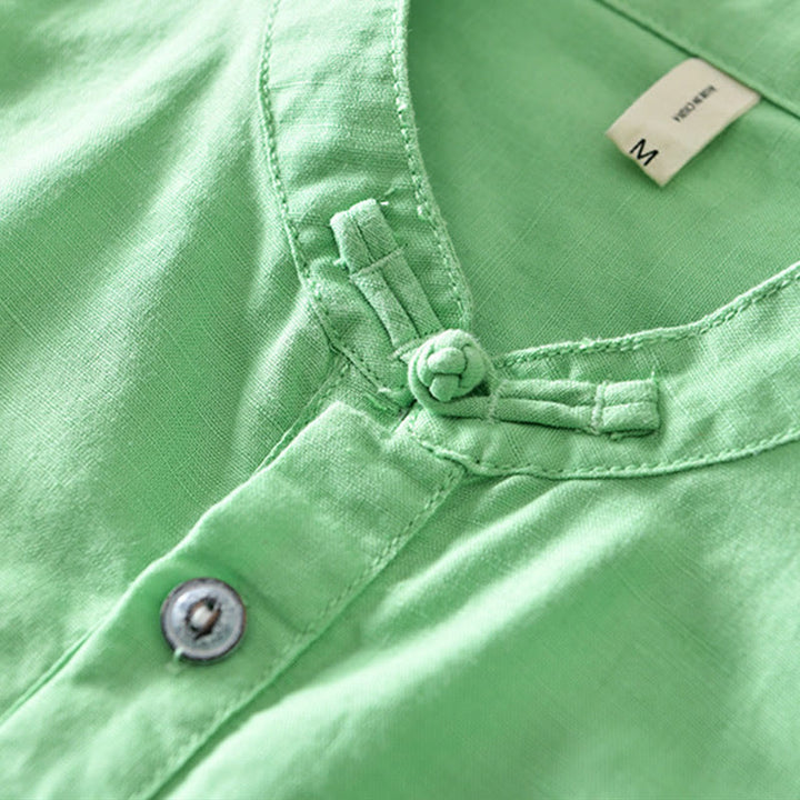 Chemise en coton et lin à manches courtes pour homme, couleur unie, Buddha Stones et demi-bouton, col montant - image 16