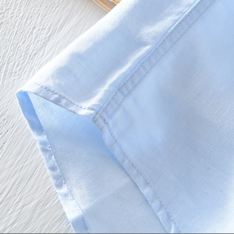 Chemise en coton et lin à manches courtes pour homme, couleur unie, Buddha Stones et demi-bouton, col montant - image 20