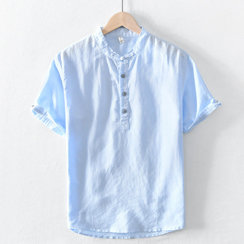 Chemise en coton et lin à manches courtes pour homme, couleur unie, Buddha Stones et demi-bouton, col montant - Cyan clair - US/UK/AU46，EU56 (5XL) - image 18