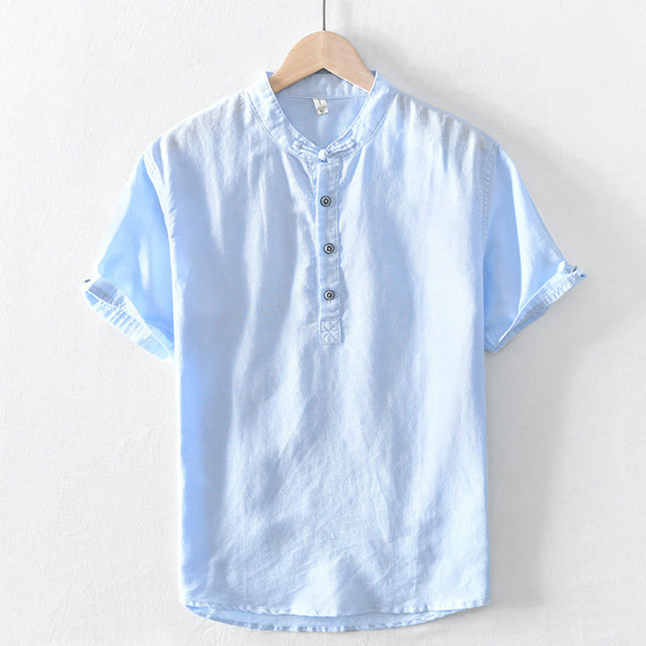 Chemise en coton et lin à manches courtes pour homme, couleur unie, Buddha Stones et demi-bouton, col montant - Cyan clair - US/UK/AU46，EU56 (5XL) - image 18