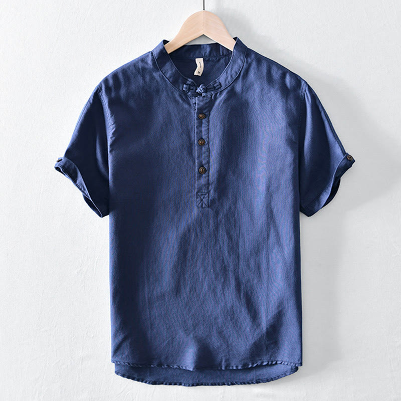 Chemise en coton et lin à manches courtes pour homme, couleur unie, Buddha Stones et demi-bouton, col montant - Marine - US/UK/AU46，EU56 (5XL) - image 10