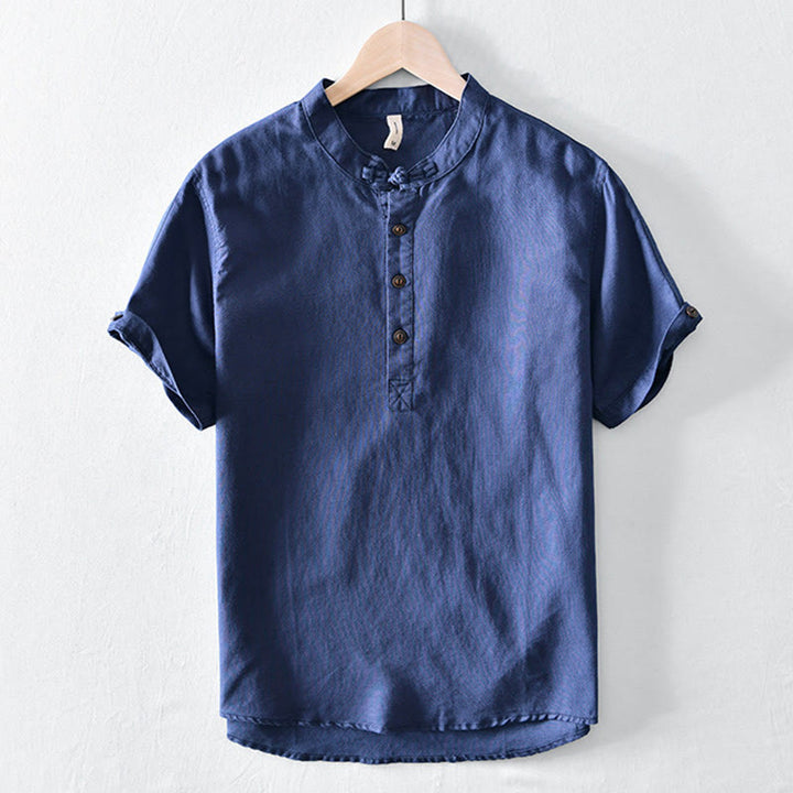 Chemise en coton et lin à manches courtes pour homme, couleur unie, Buddha Stones et demi-bouton, col montant - Marine - US/UK/AU46，EU56 (5XL) - image 10