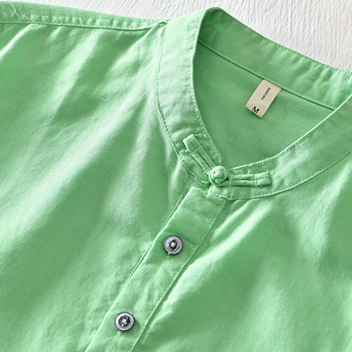 Chemise en coton et lin à manches courtes pour homme, couleur unie, Buddha Stones et demi-bouton, col montant - image 14