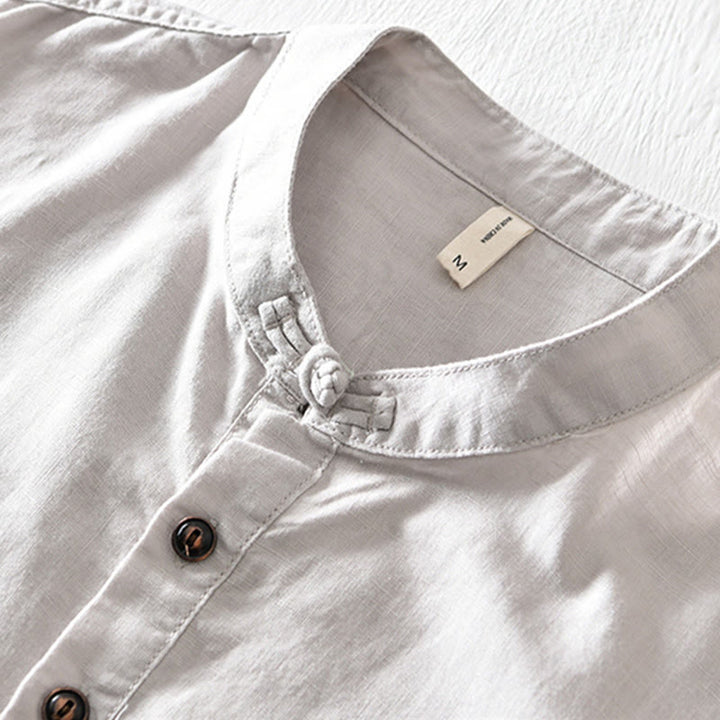 Chemise en coton et lin à manches courtes pour homme, couleur unie, Buddha Stones et demi-bouton, col montant - image 2