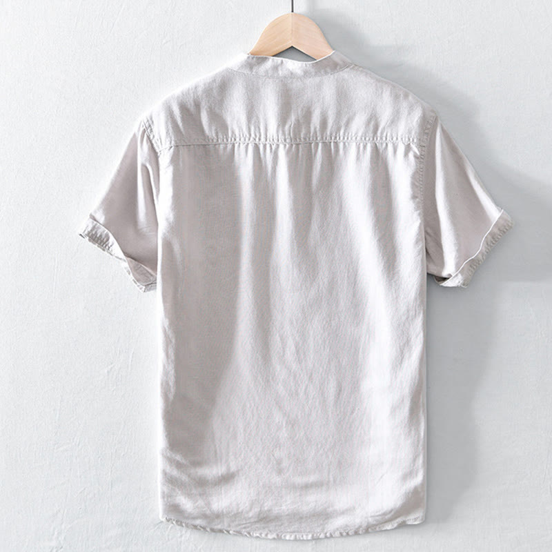 Chemise en coton et lin à manches courtes pour homme, couleur unie, Buddha Stones et demi-bouton, col montant - image 1