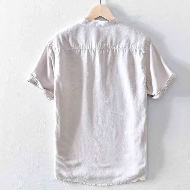 Chemise en coton et lin à manches courtes pour homme, couleur unie, Buddha Stones et demi-bouton, col montant - image 1