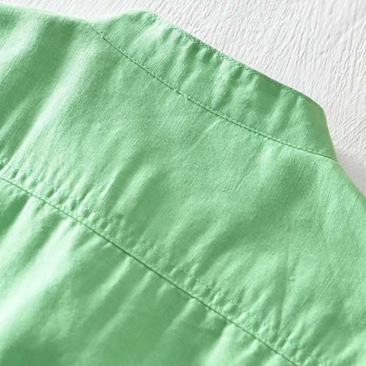 Chemise en coton et lin à manches courtes pour homme, couleur unie, Buddha Stones et demi-bouton, col montant - image 15