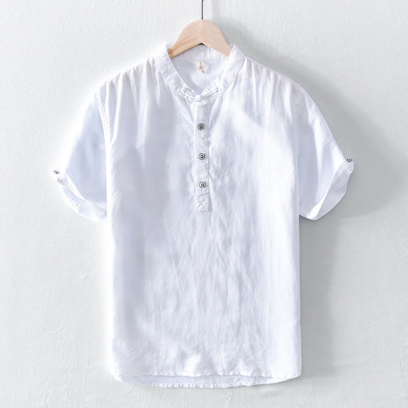 Chemise en coton et lin à manches courtes pour homme, couleur unie, Buddha Stones et demi-bouton, col montant - Blanc - US/UK/AU46，EU56 (5XL) - image 5