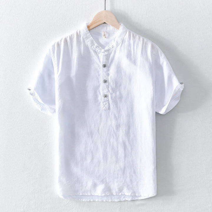 Chemise en coton et lin à manches courtes pour homme, couleur unie, Buddha Stones et demi-bouton, col montant - Blanc - US/UK/AU46，EU56 (5XL) - image 5
