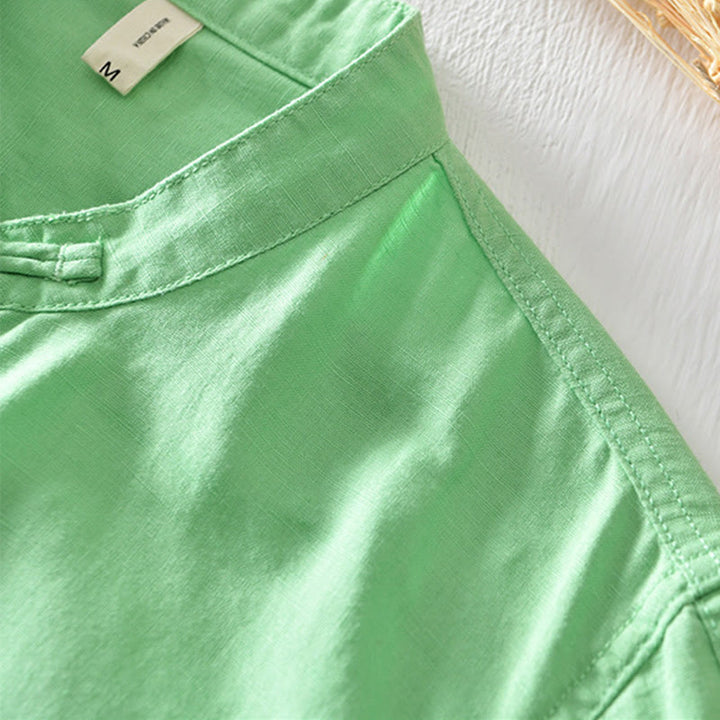 Chemise en coton et lin à manches courtes pour homme, couleur unie, Buddha Stones et demi-bouton, col montant - image 17